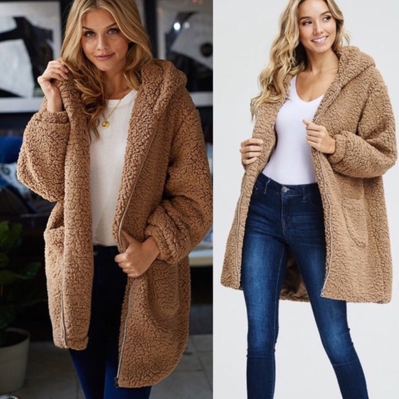 LAST: Large Faux Fur Long Teddy Bear Zip Up Jacket - Picture 2 of 8